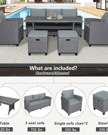 6-Piece Patio Furniture Set with Dining Table, Outdoor Garden Sectional Sofa, All-Weather Wicker Conversation Couch with Chairs, Stools and Cushions, Onesize, Gray Rattan - LeafyLoom