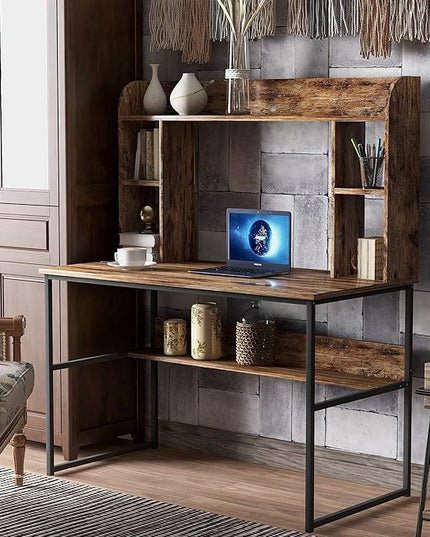 Merax Office Desk with Hutch and Shelf, 47 inch, Large Workstation, Rustic Home Furniture with Storage, 47.2" L x 23.6" W x 55.1" H, Brown - LeafyLoom