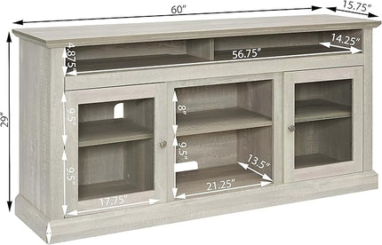 65" Farmhouse Cabinet for 65 Inch TV, Mid Century Modern Media Table Stand with Glass Door, 59'' Entertainment Center with Storage, Rustic Television Consoles for Living Room, Gray Wash - LeafyLoom