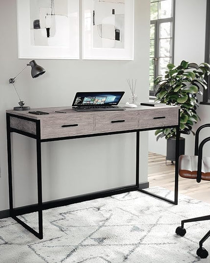 Martha Stewart Ollie Home Office Desk with 3 Drawers in Gray Wood Grain with Oil Rubbed Bronze Hardware - LeafyLoom