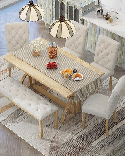 6-Piece Retro Style Rectangular Dining Table Set with Unique Legs and 4 Upholstered Chairs & 1 Bench for Kitchen, Breakfast Nook, Living Room, Natural Wood Wash, 59.8" L x 35.8" W x 30" H - LeafyLoom