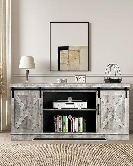 IDEALHOUSE TV Stand Farmhouse Entertainment Center for 65 Inch TV & Media Furniture, Rustic TV Stands with Storage and Barn Doors TV Console Table Under TV Cabinet for Living Room, Rustic Grey - LeafyLoom
