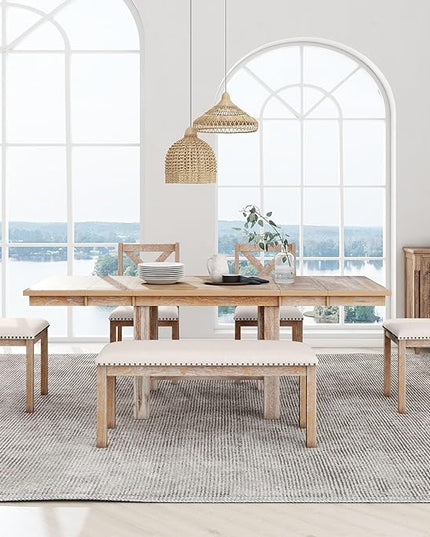 6-Piece Wood 82inch Extendable Dining Table Set with Two 11" Removable Leaves, 4 Upholstered Chairs and Bench, Farmhouse Style, Natural, 60"-82" L x 36" W x 30" H - LeafyLoom