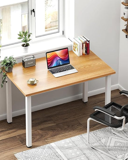 Need Small Desk, 31.5 inch Sturdy Writing Desk for Small Spaces, Small Computer Desk Teens Desk Study Table Laptop Desk Home Ofice Desk, White Metal Frame, Teak - LeafyLoom