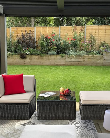 Greesum 3 Piece Patio Conversation Set Wicker Rattan Furniture Outdoor Sofa with Cushions,Pillows and Glass Table for Porch,Lawn and Yard, Beige - LeafyLoom