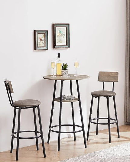 Dining Table Set, Bistro Table and Chairs Set of 2 with Upholstered Cushion, Storage Shelf and Backrest, Pub High Top Round Table Set for Kitchen, Dining Room and Home Bar, Grey - LeafyLoom