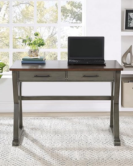 OSP Home Furnishings Jericho Rustic 42 Inch Writing Desk with 2 Drawers and Burnished Decorative Hardware, Slate Gray - LeafyLoom