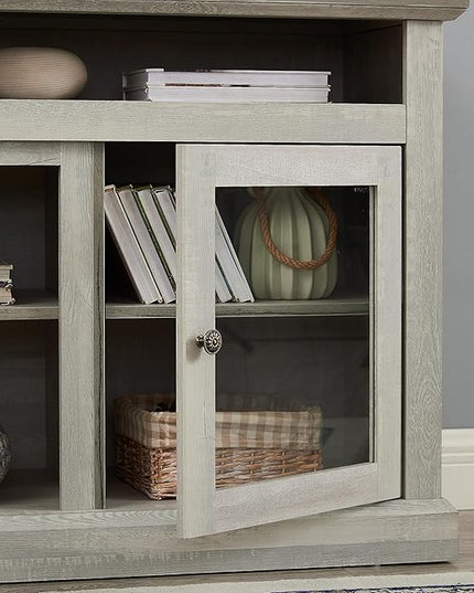 65" Farmhouse Cabinet for 65 Inch TV, Mid Century Modern Media Table Stand with Glass Door, 59'' Entertainment Center with Storage, Rustic Television Consoles for Living Room, Gray Wash - LeafyLoom