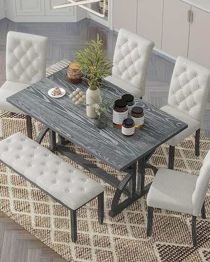 6-Piece Retro Style Rectangular Dining Table Set with Unique Legs and 4 Upholstered Chairs & 1 Bench for Kitchen, Breakfast Nook, Living Room, Gray Wash, 59.8" L x 35.8" W x 30" H - LeafyLoom