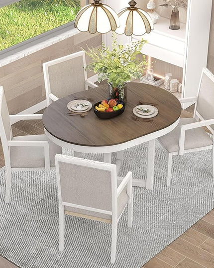 RITSU Farmhouse 5 Piece Dining Set, Included Round Extendable Wooden Table and 4 Upholstered Chairs, Retro Adjustable Dinette Furniture for Kitchen Living Room, Brown+White - LeafyLoom