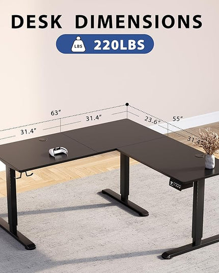 L-Shaped Electric Standing Desk, 63 x 55 Inches Height Adjustable Coner Table, Home Office Computer Workstation, Black, 63 x 55 Inch - LeafyLoom