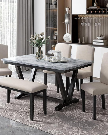 RITSU Contemporary 6-Piece Solid Wood Dining Table Set with 4 Upholstered Chairs and 1 Bench W/Marble Veneer & V-Shaped Legs, Suitable for Living Room, Kitchen White, 60inch - LeafyLoom