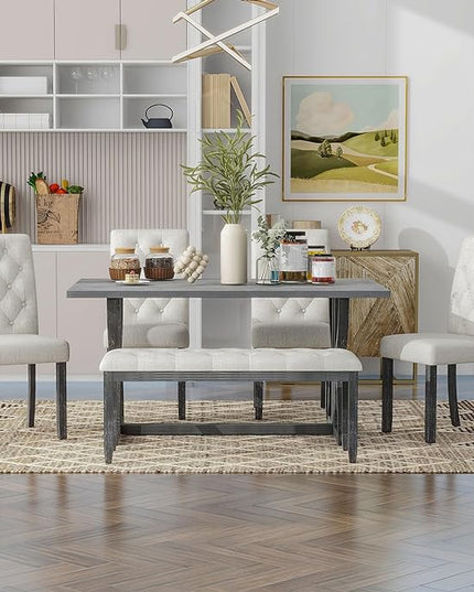 6-Piece Retro Style Rectangular Dining Table Set with Unique Legs and 4 Upholstered Chairs & 1 Bench for Kitchen, Breakfast Nook, Living Room, Gray Wash, 59.8" L x 35.8" W x 30" H - LeafyLoom