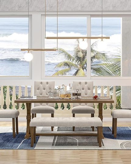 RITSU 6-Piece Retro Wood Dinette Sets Rectangular Kitchen Dining Table, 4 Upholstered Chairs & Bench, for Diningroom Living Room, Easy to Assemble, Walnut - LeafyLoom