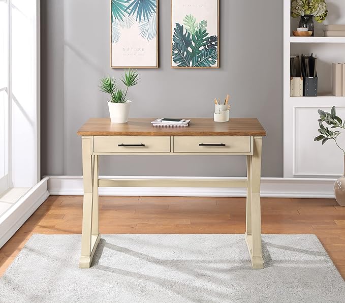 OSP Home Furnishings Jericho Rustic 42 Inch Writing Desk with 2 Drawers and Burnished Decorative Hardware, Antique White - LeafyLoom