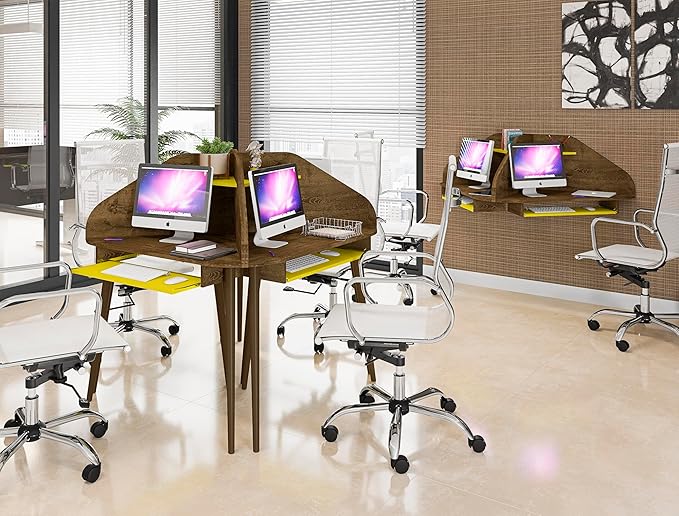 Manhattan Comfort Bradley Mid Century Modern Home Office Floating Cubicle Section Study Desk, 2 Piece, Rustic Brown/Yellow - LeafyLoom