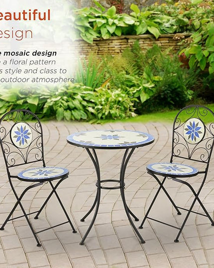 Alpine Corporation Blue and Beige Mosaic Bistro Set, 3-Piece - LeafyLoom