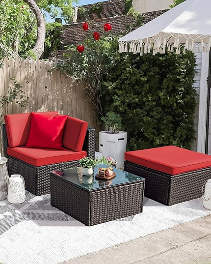 Greesum 3 Piece Patio Conversation Set Wicker Rattan Furniture Outdoor Sofa with Cushions,Pillows & Glass Table for Porch,Lawn and Yard, Red - LeafyLoom