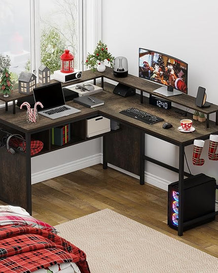 Industrial Home Office Desk with Storage, L Shaped Desk with Power Outlet, Reversible Computer Desk with Monitor Stand, Corner Gaming Desk with Led Lights (Walnut Brown) - LeafyLoom