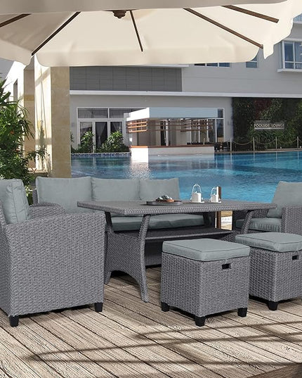 6-Piece Patio Furniture Set with Dining Table, Outdoor Garden Sectional Sofa, All-Weather Wicker Conversation Couch with Chairs, Stools and Cushions, Onesize, Gray Rattan - LeafyLoom