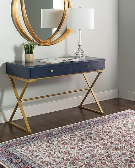 Linon Campaign Desk Navy with Gold Legs, Blue - LeafyLoom