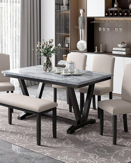 Modern Style 6-Piece Dining 4 Chairs & 1 Bench, Solid Wood Frame w/Marbled Veneers Tabletop and V-shaped Table-Legs, for Diningroom, Living Room, and Kitchen, Brown+Black - LeafyLoom