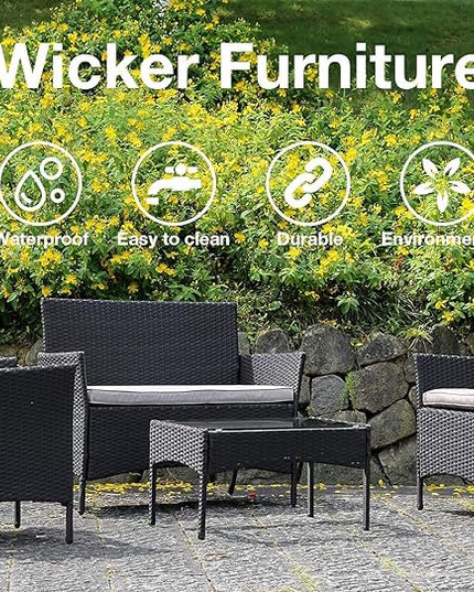 Outdoor Patio Furniture Sets 4 Pieces Patio Set Rattan Chair Wicker Sofa Conversation Set Patio Chair for Backyard Lawn Porch Poolside Balcony Garden Furniture Sets with Coffee Table (Black) - LeafyLoom