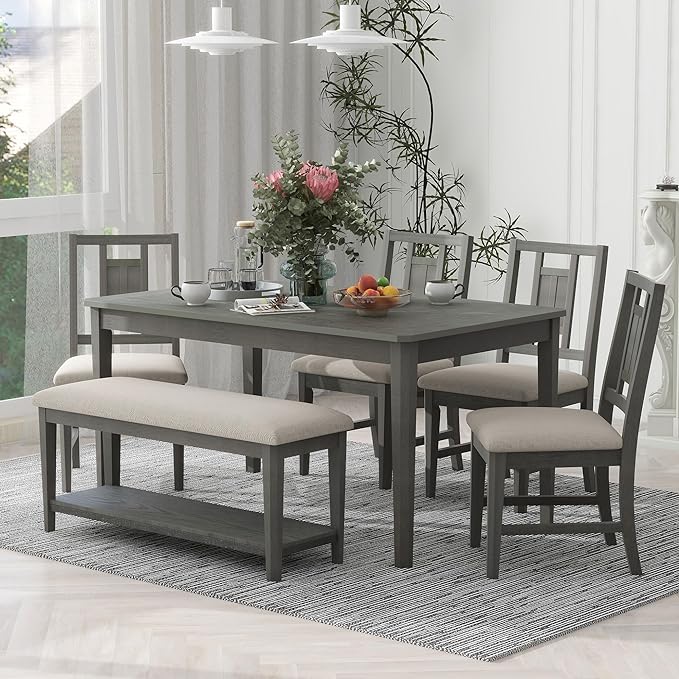 6-Piece Wooden Minimalist Dining Table Set with 4 Upholstered Chairs & 1 Bench with a Shelf for Kitchen Room Furniture, Dark Gray, 60" L x 43" W x 30" H - LeafyLoom