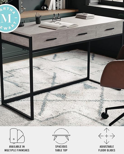 Martha Stewart Ollie Home Office Desk with 3 Drawers in Gray Wood Grain with Oil Rubbed Bronze Hardware - LeafyLoom
