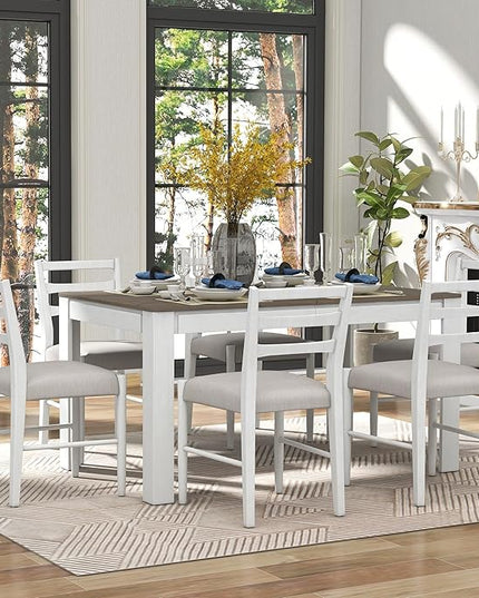7 Piece Modern Wooden Dining Set, Include Multifunctional Extendable Table with 12” Leaf and 2 Drawers & 6 Soft Cushion Chairs, for Diningroom, Living Room, Brown+White-1 - LeafyLoom
