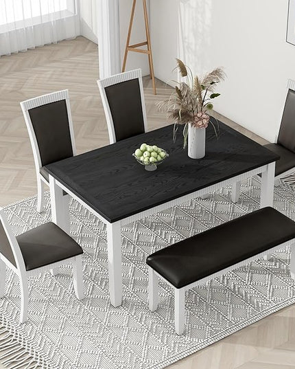 6-Piece Wood Dining Table Set with 4 Upholstered Chairs and Bench, for Kitchen Living Room, Farmhouse Rustic Style, 60" L x 36" W x 30" H, White+Gray(PU Leather) - LeafyLoom