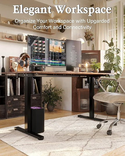 Monomi Electric Standing Desk, 63 x 28 inches Height Adjustable Desk, Ergonomic Home Office Sit Stand Up Desk with Memory Preset Controller (Rustic Brown Top/Black Frame) - LeafyLoom