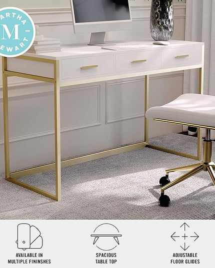 Martha Stewart Ollie Home Office Desk with 3 Drawers in White with Polished Brass Hardware - LeafyLoom
