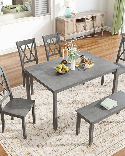 6-Piece Wood Rectangle Dining Table Set with Bench and 4 Cross Back Chairs for Kitchen Living Room, Farmhouse Rustic, Antique Graywash, 54" L x 36" W x 30" H - LeafyLoom