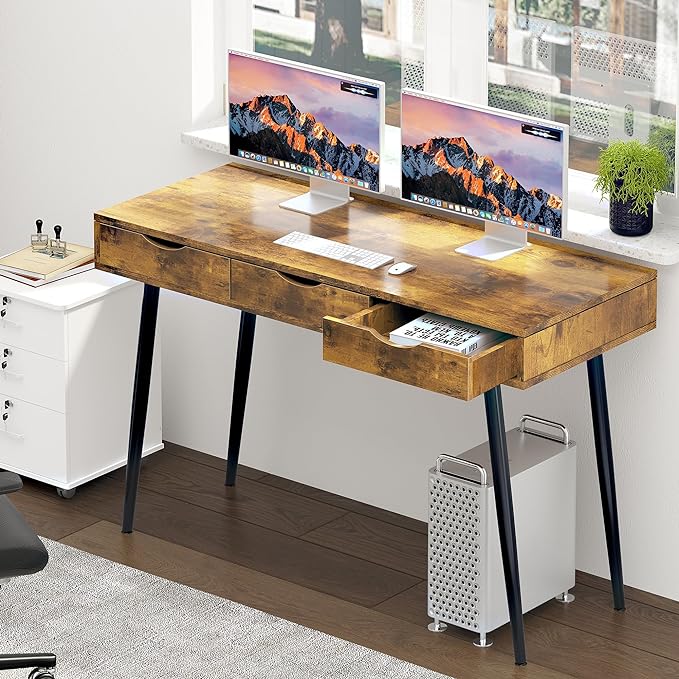 SogesHome 43.3'' Computer Desk, Home Office Work Table with 3-Drawers, Gaming Working Writing Table, Vintage Brown - LeafyLoom