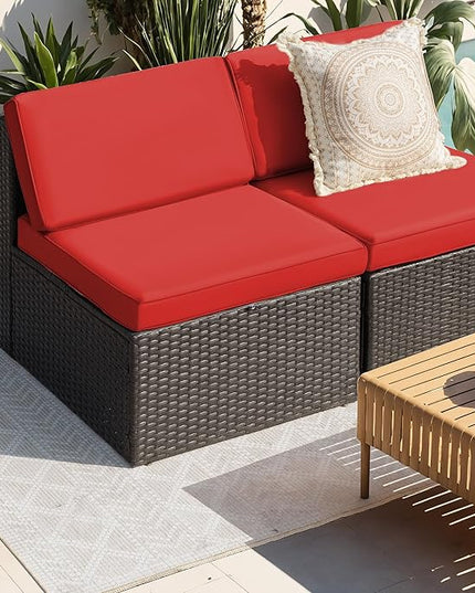 Greesum 2 Piece Patio Conversation Set Wicker Rattan Furniture Outdoor Sofa with Cushions,Pillows and Glass Table for Porch,Lawn and Yard, Red - LeafyLoom