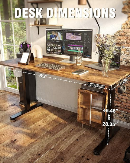 Monomi Electric Standing Desk, Height Adjustable Desk 55x 24 Inches, Ergonomic Home Office Sit Stand Up Desk with Memory Preset Controller (Black Frame/Rustic Brown Top) - LeafyLoom