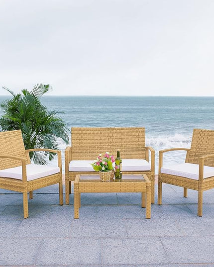 SAFAVIEH Outdoor Collection Bassey Natural/White Cushion 4-Piece Conversation Patio Set PAT7507D - LeafyLoom
