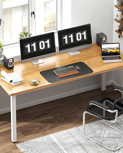 Need 63 Inch Large Computer Desk - Modern Simple Style Home Office Gaming Desk, Basic Writing Table for Study Student, White Metal Frame, Teak - LeafyLoom