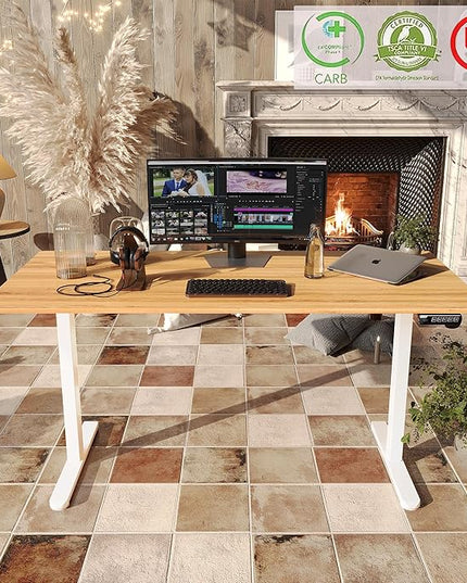 Monomi Electric Standing Desk, 63 x 28 inches Height Adjustable Desk, Ergonomic Home Office Sit Stand Up Desk with Memory Preset Controller (Natural Top/White Frame) - LeafyLoom