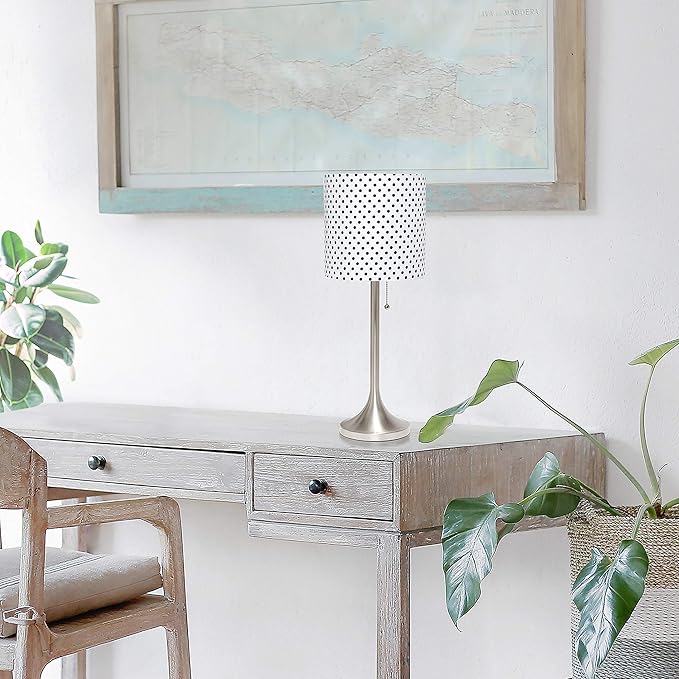 Simple Designs LT1076-BND Tapered Fabric Drum Shade Table Lamp, Brushed Nickel and Polka Dot - LeafyLoom