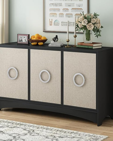 58.2“ Curved Design Storage Cabinet with Linen Material and Metal Round Handle Door,Wooden Console Table,W/Adjustable Shelves,Suitable for Corridors,Entrances,Living Rooms,Study,Beige - LeafyLoom