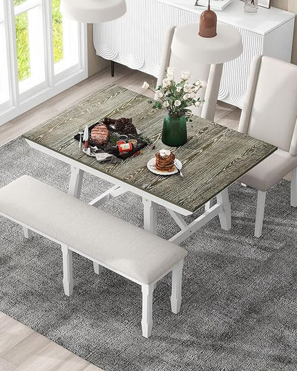6-Piece Wooden Extendable Dining Table Set with two 12" W Removable Leaves and 4 Upholstered Chairs & 1 Bench for Kitchen Room, Brown+White - LeafyLoom