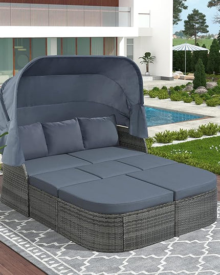 Rectangle Furniture Daybed Sunbed with Retractable Canopy, Outdoor Wicker Conversation Set with Cushions for Patio, Backyard, Porch, Garden, Onesize, Hb-Gray - LeafyLoom