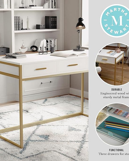 Martha Stewart Ollie Home Office Desk with 3 Drawers in White with Polished Brass Hardware - LeafyLoom