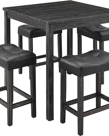 RITSU 5 Piece Industrial Bistro Dining Set, Square Breakfast Table + 4 Upholstered Stools, for Living, Small Apartment, Kitchen, Farmhouse, Game Room, Black - LeafyLoom