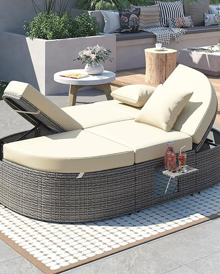 Outdoor DayBed Patio 2-Person Rattan Sun Bed Reclining Chaise Lounge with Adjustable Backrests, Foldable Cup Trays and Pillows, for Lawn,Poolside, Beige - LeafyLoom