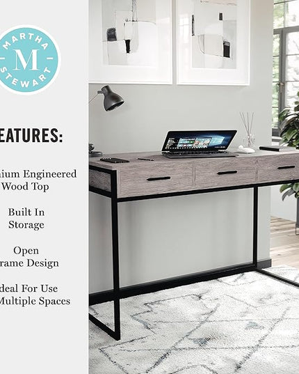 Martha Stewart Ollie Home Office Desk with 3 Drawers in Gray Wood Grain with Oil Rubbed Bronze Hardware - LeafyLoom