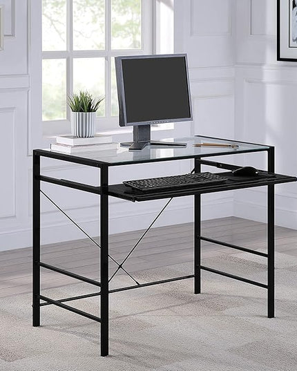 OSP Home Furnishings Zephyr Computer Desk with Keyboard Shelf and Tempered Glass Top, Clear Glass and Black Frame, 36" W x 20" D x 30.25" H - LeafyLoom