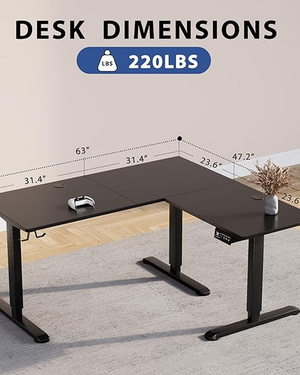 L-Shaped Electric Standing Desk, 63 x 48 Inches Height Adjustable Coner Table, Home Office Computer Workstation, Black, 63 x 48 Inch - LeafyLoom